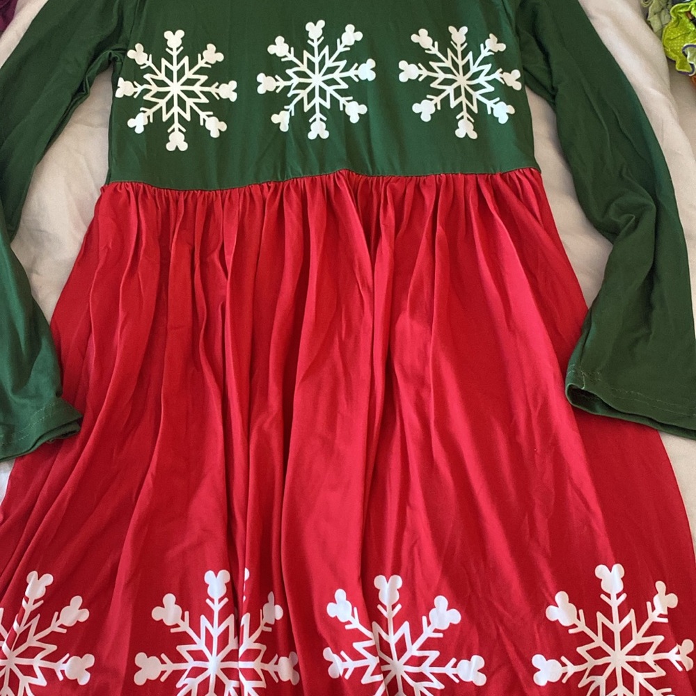 Disney World Minnie Mouse Christmas Green and Red Dress with Snowflake Design